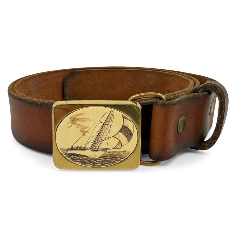 Vintage 1983 Barlow Solid Brass Scrimshaw Schooner Belt Buckle & Leather Belt 41